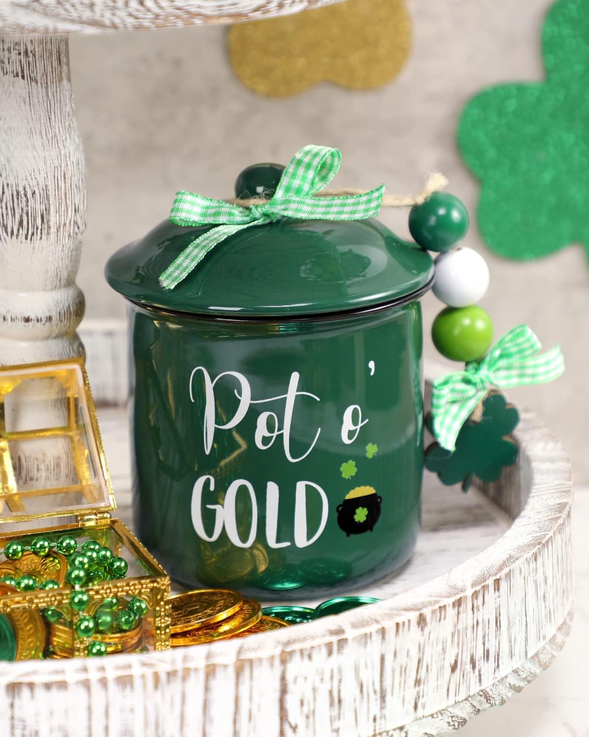St. Patrick's Day Ceramic Canister Tiered Tray Decor Saint Patty's Day Pot o' Gold Bowl Candy Gold Token Holder with Buffalo Plaid Bowknot Clover Slice Farmhouse Table Centerpiece Decoration Supplies
