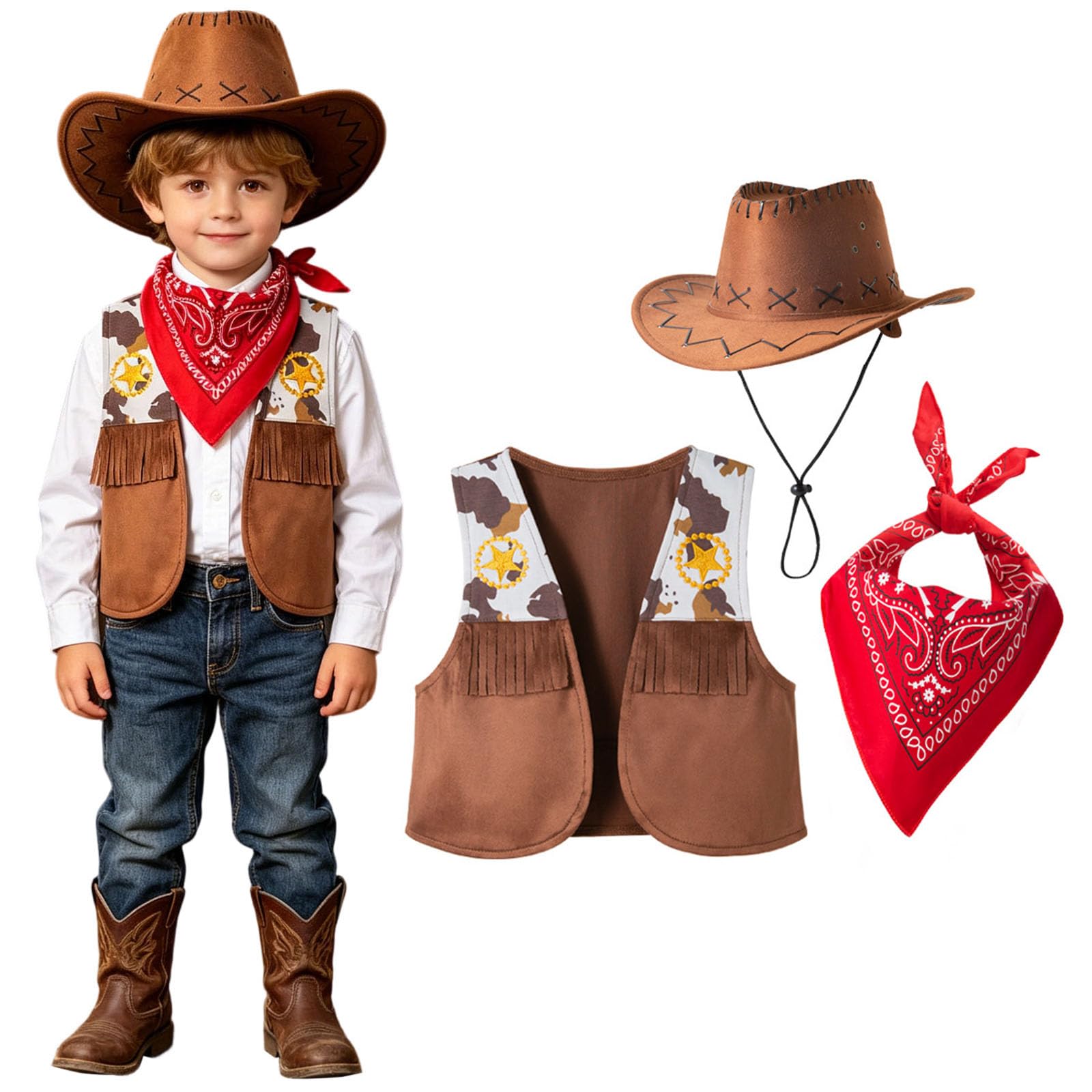 Cowboy Costume for Boys Kids Western Outfit 3 Piece Set Vest Hat Bandana Wild West Role Play World Book Day Halloween Fancy Dress (Brick Red, 12-18 Months) โ image 1