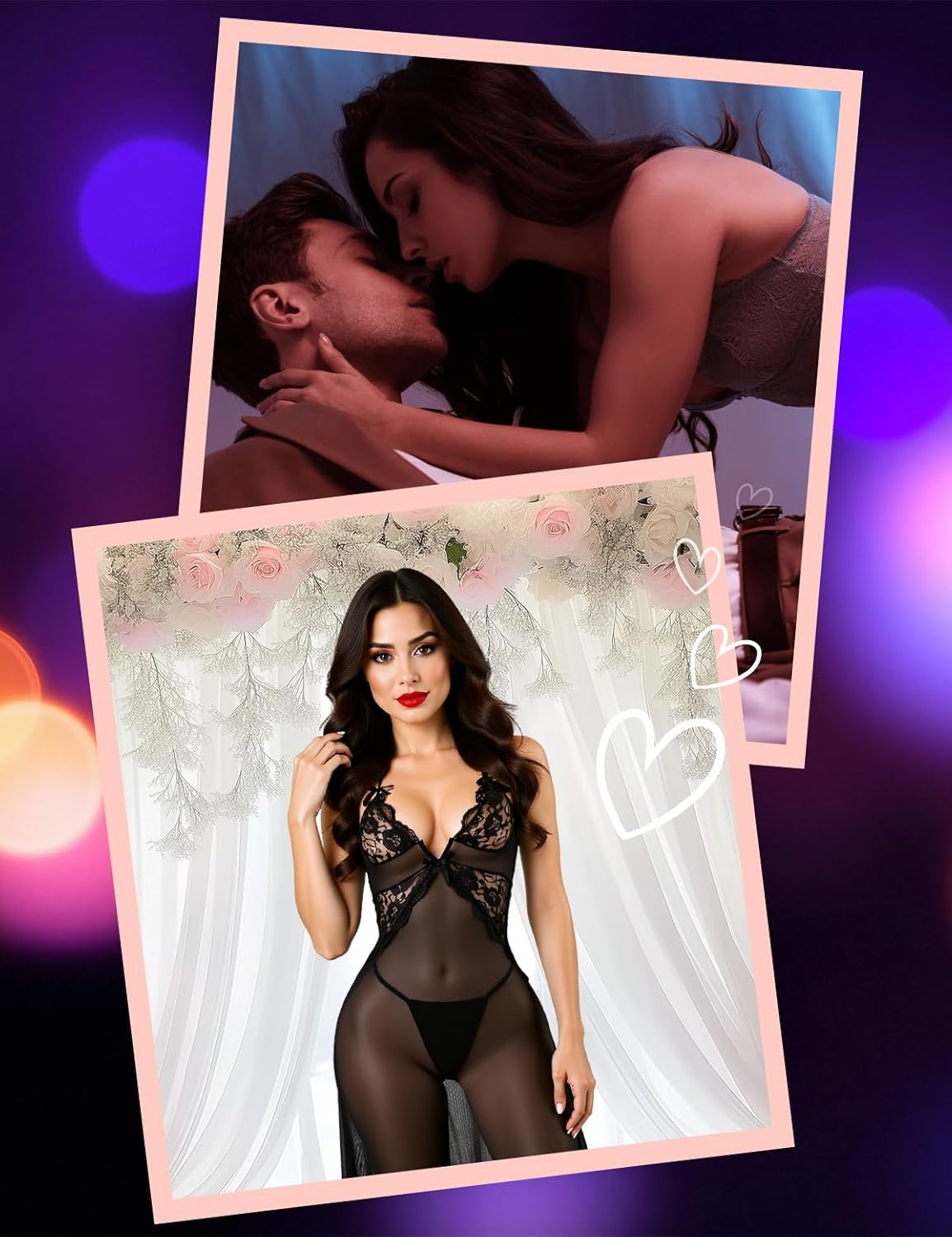 Sexy Long Lingerie Dress with Thong - Sheer Mesh V-Neck Nightdress, Valentines Honeymoon Boudoir Lingerie - Image 3