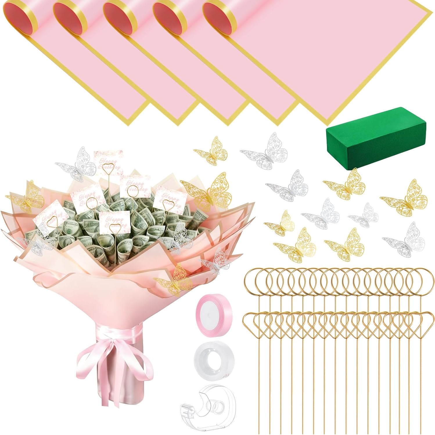 Flower Bouquet Wrapping Accessories DIY Money Bouquet Kit with 5 Floral Wrapping Paper 40 Card Holder 24 Butterfly Decor Floral Foam Block Ribbon Tape Dispenser for Mother's Day Graduation Anniversary