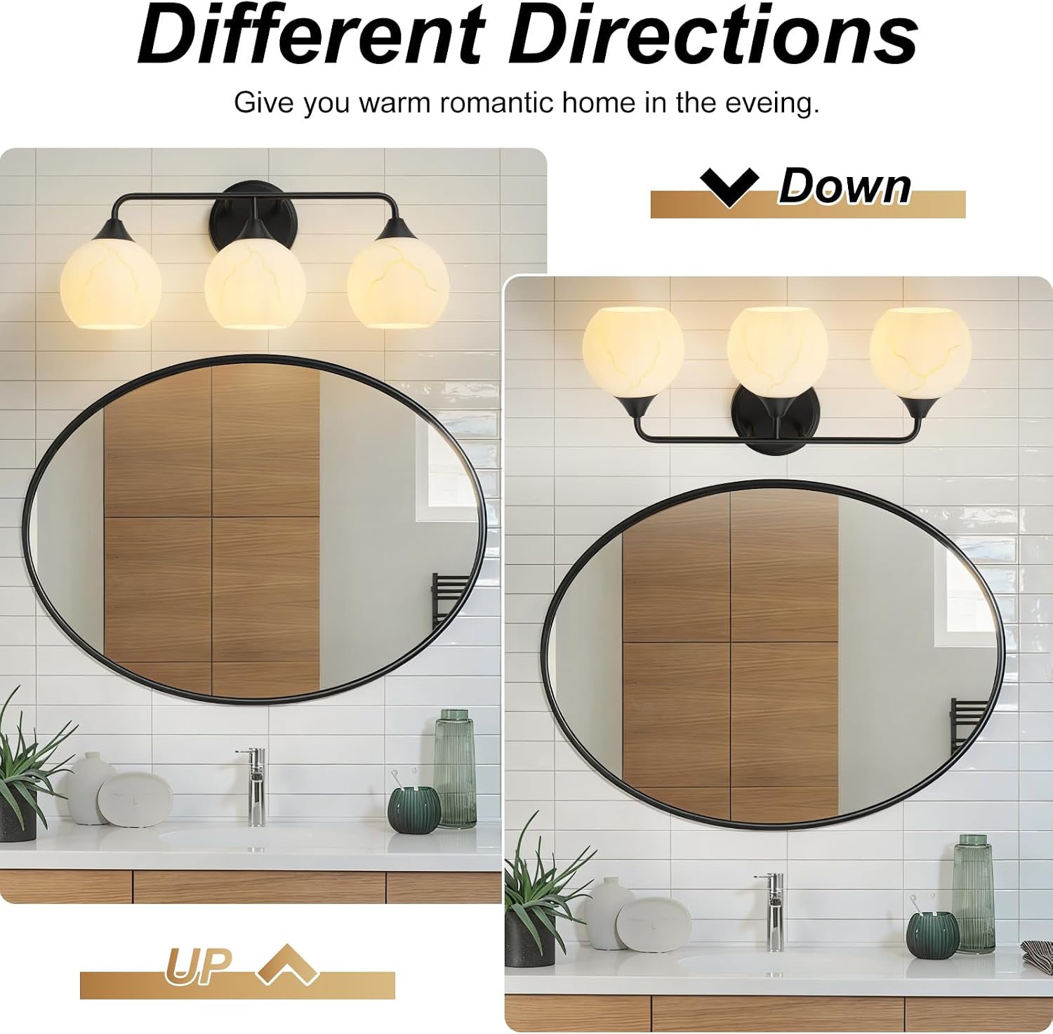 3-Light Bathroom Vanity Light, Matte Black Mid Century Modern Globe Wall Sconce with Marble Glass Shades, E26 Base Lighting Fixture for Mirror, Powder Room