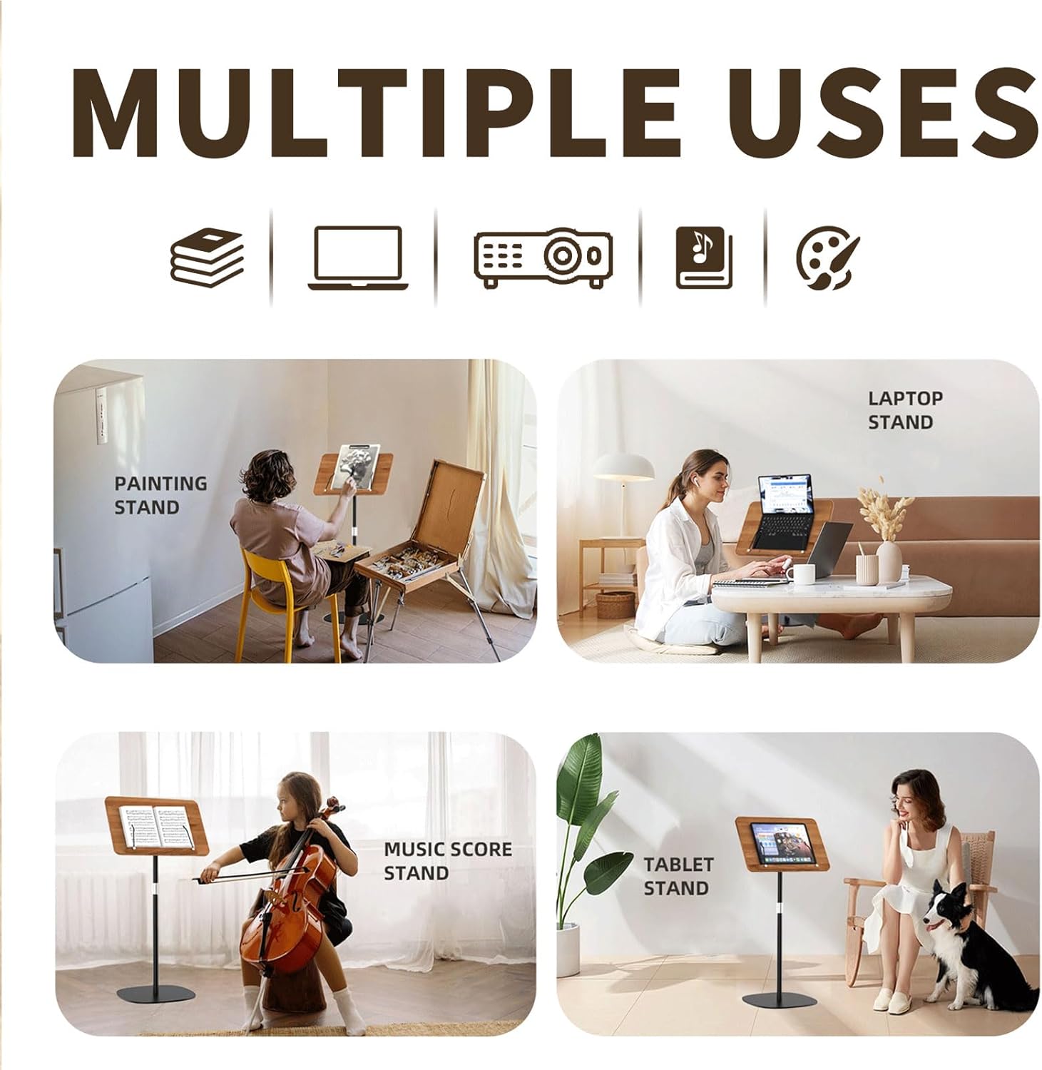 Adjustable Book Stand & Music Stand,180-rotation Adjustable Woodenportable Music Stand, Bed Typing Hands-Free Page Holder and Organizer Portable Desk for Books