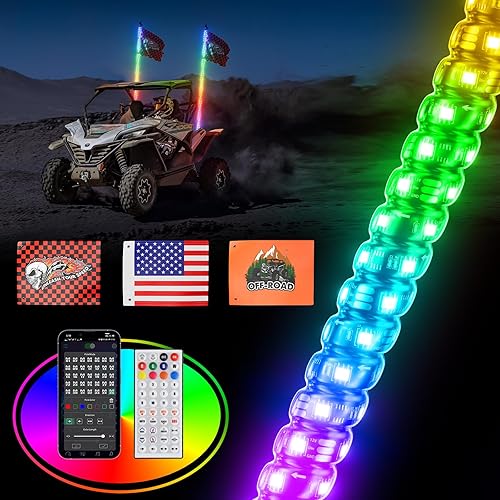 Luces de látigo de 4 pies para UTV ATV con base de resorte, luz LED triple más brillante con interruptor basculante y 6 banderas, látigo de antena