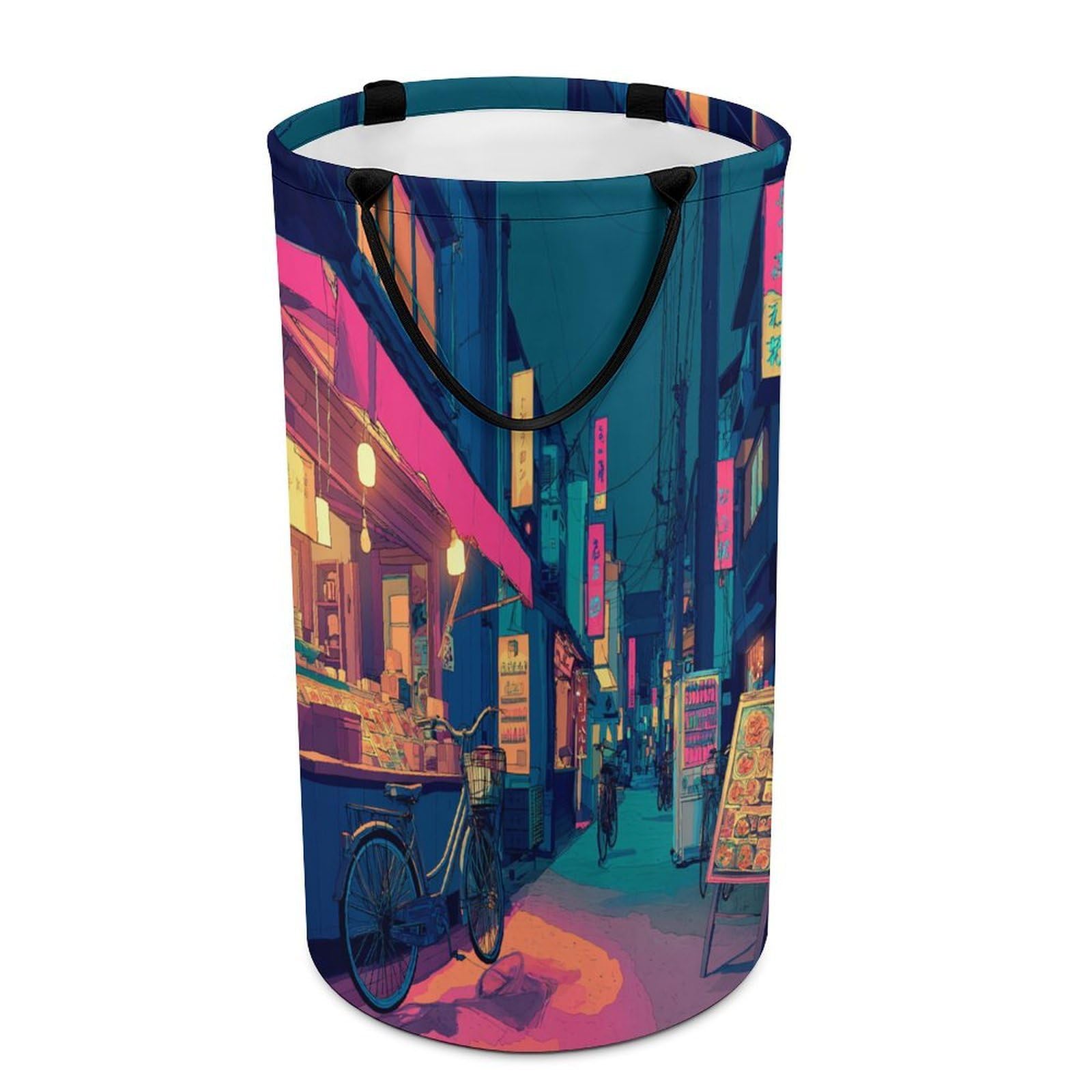 LUYYSKY Fantasy Abstract City Night Collapsible Dirty Clothes Basket, Beautiful Realistic Neon Japanese Street City Pattern Portable Clothes Storage Basket