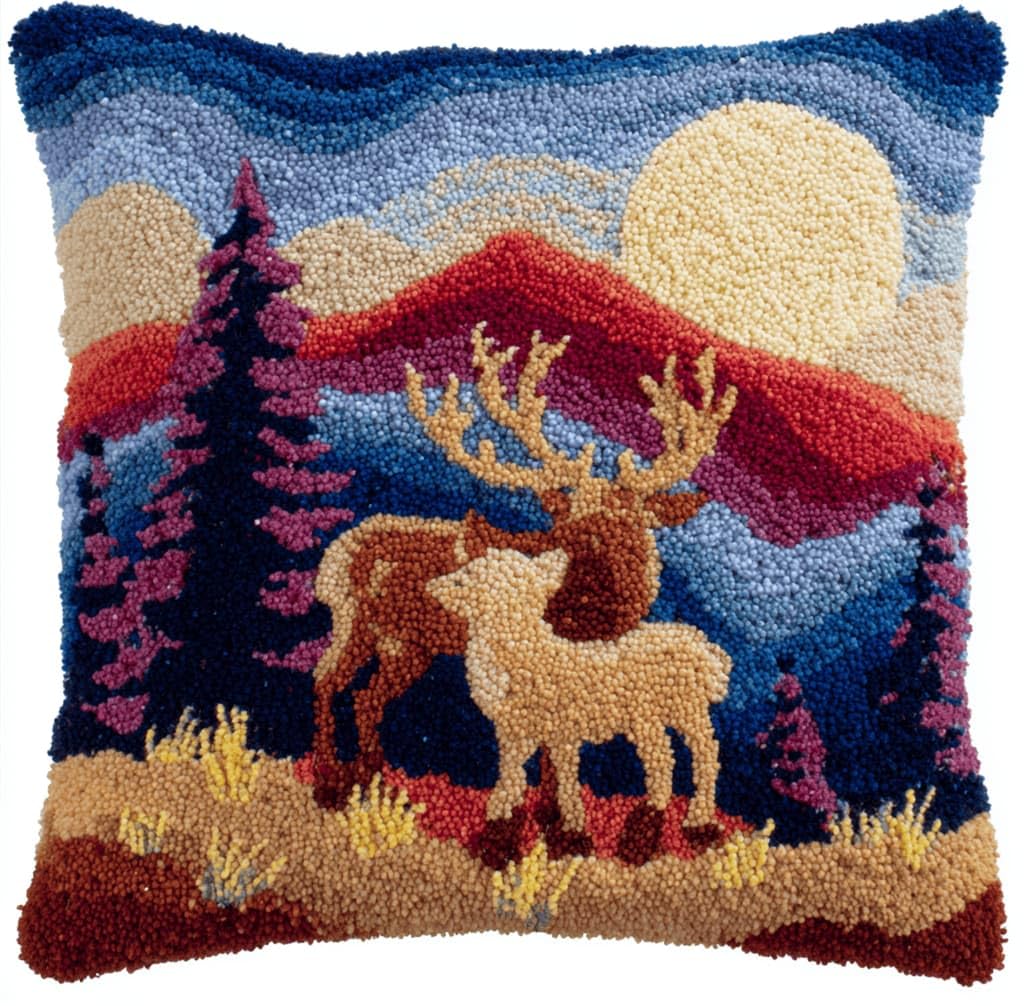 Kitquiver Latch Hook Kits Elk for Adults,Beginners DIY Latch Hook Cushion Kits and Latch Rug Kits Cross-Stitch Embroidery Cushion Cover for Home Sofa Decoration 17X17 in