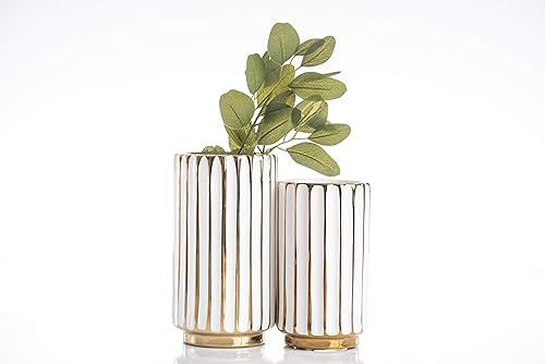 Miniatura 6 de jupriverco Jarrón blanco y dorado, elegante decoración del hogar, florero de flores, centro de mesa de cocina, crestas geométricas, parte inferior
