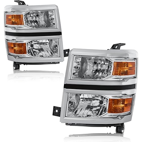 Pair Headlights Assembly Front Lamp Compatible with 2014-2015 Chevrolet Silverado 1500 Headlight Replacement Driver and Passenger Side Chrome/Clear/Amber
