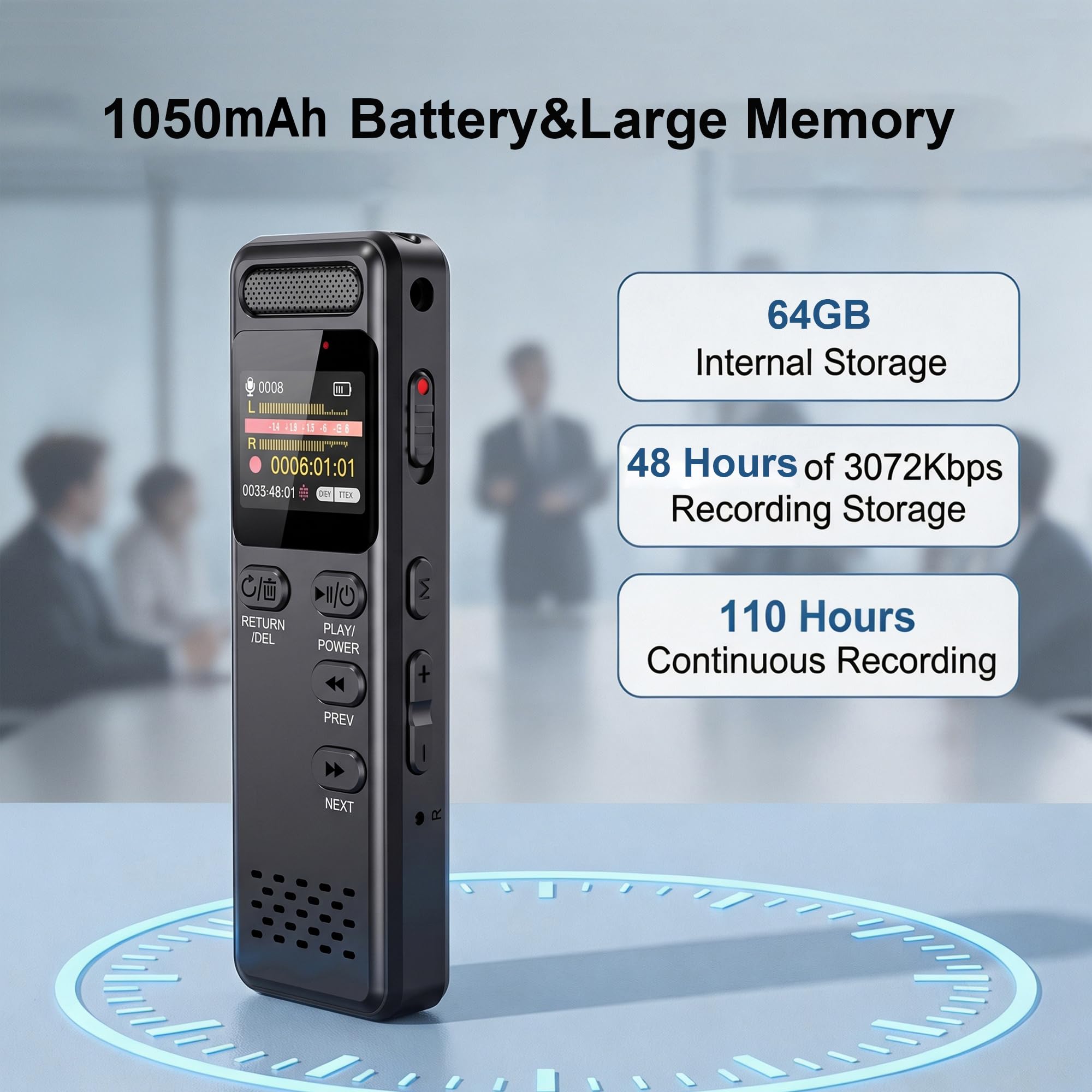 Enregistreur Vocal Numérique,Enregistrement HD (3072kbps) Réduction du Bruit Dictaphone Facile à Utiliser, Lecteur MP3 avec Verrouillage et Charge Type-C pour Conférences Entretiens Réunions (64GB)