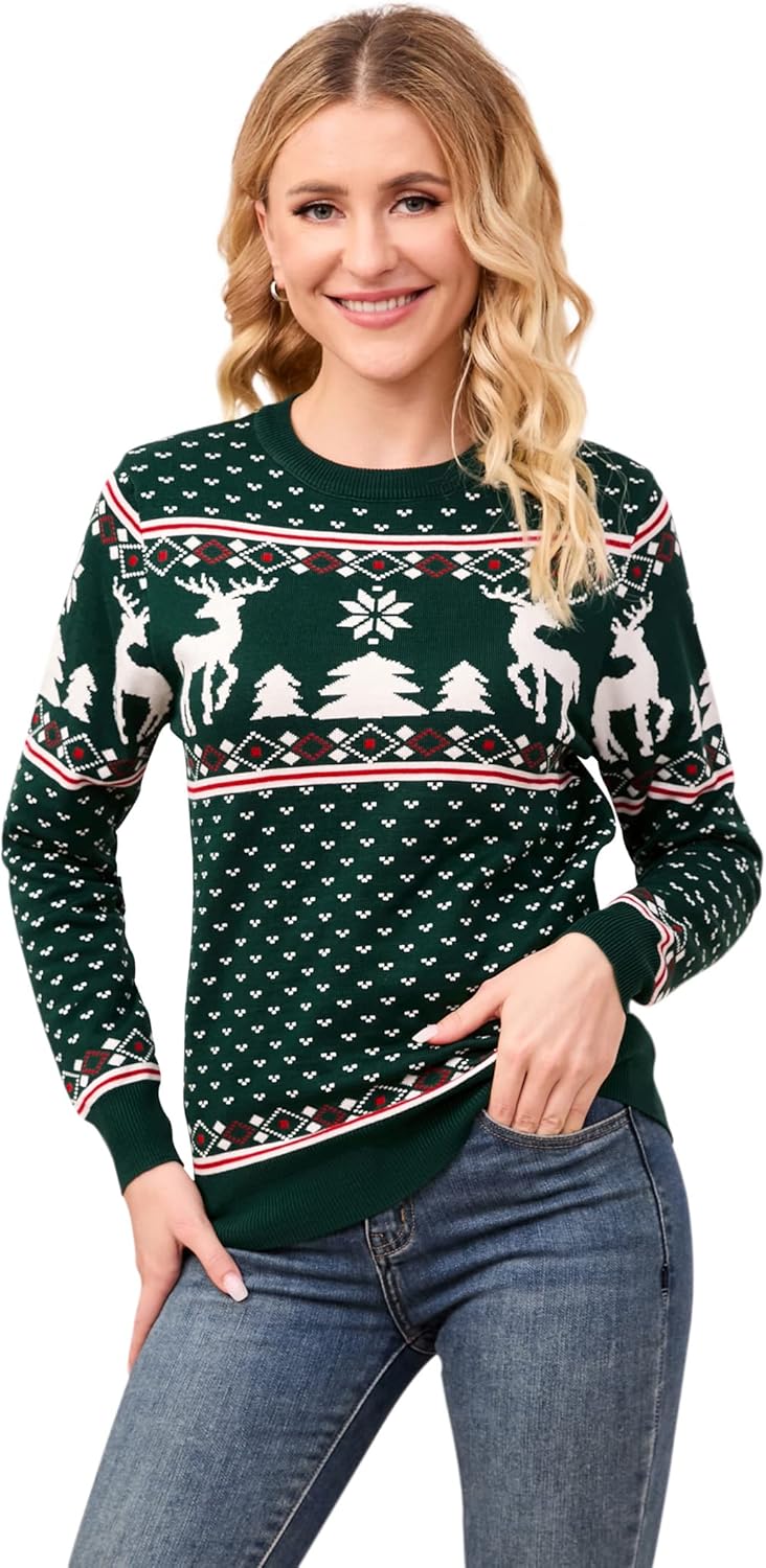 MISSKY Family Christmas Sweater Crew Neck Reindeer Snowflakes Knitted Pullover for Women/Men/Kids