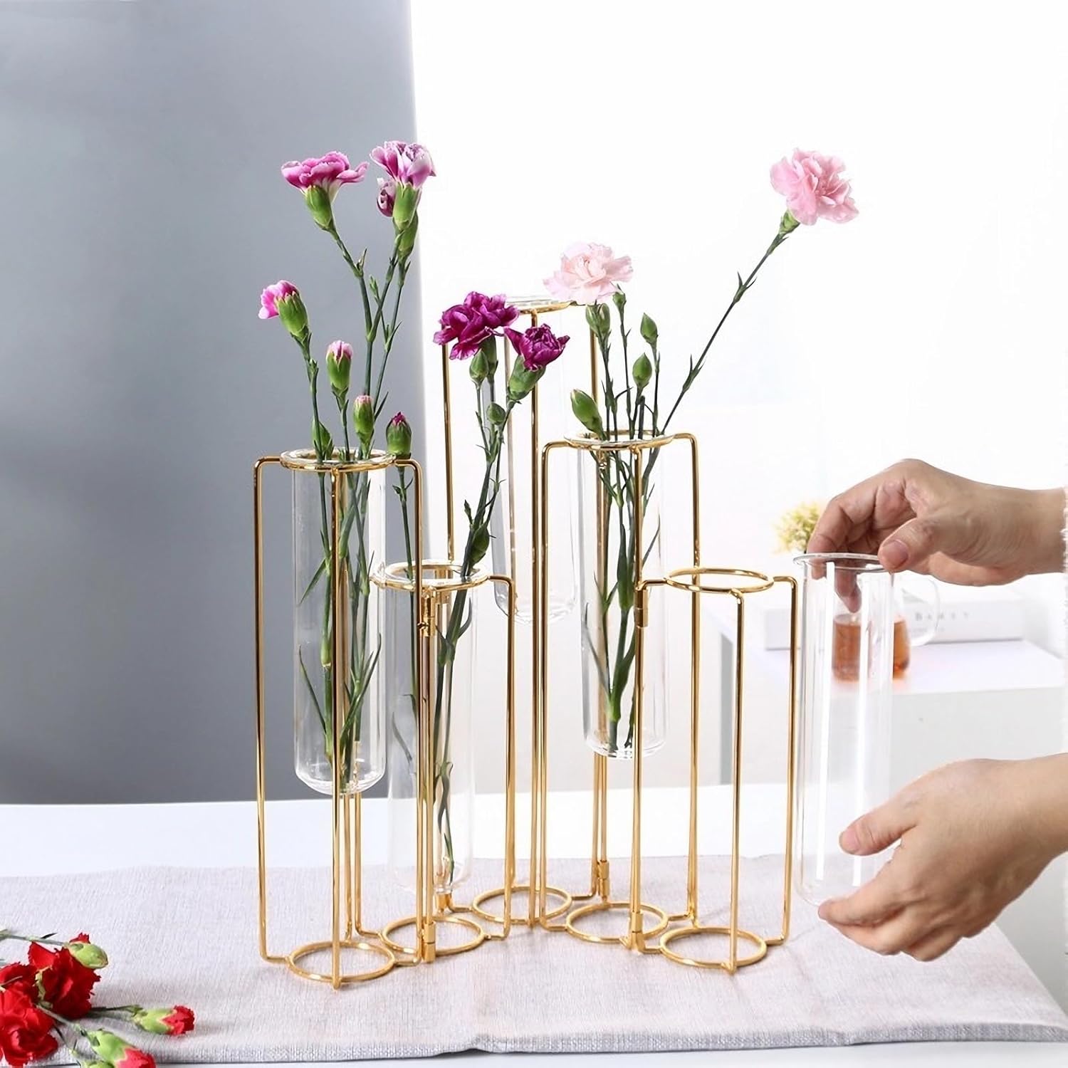 Gold Vases for Centerpieces - Glass Test Tube Vase for Flowers with Metal Hinged Plant Stand, Display Set Table Centerpieces Hydroponic Propagation for Wedding Table Home Decor Gold No.02
