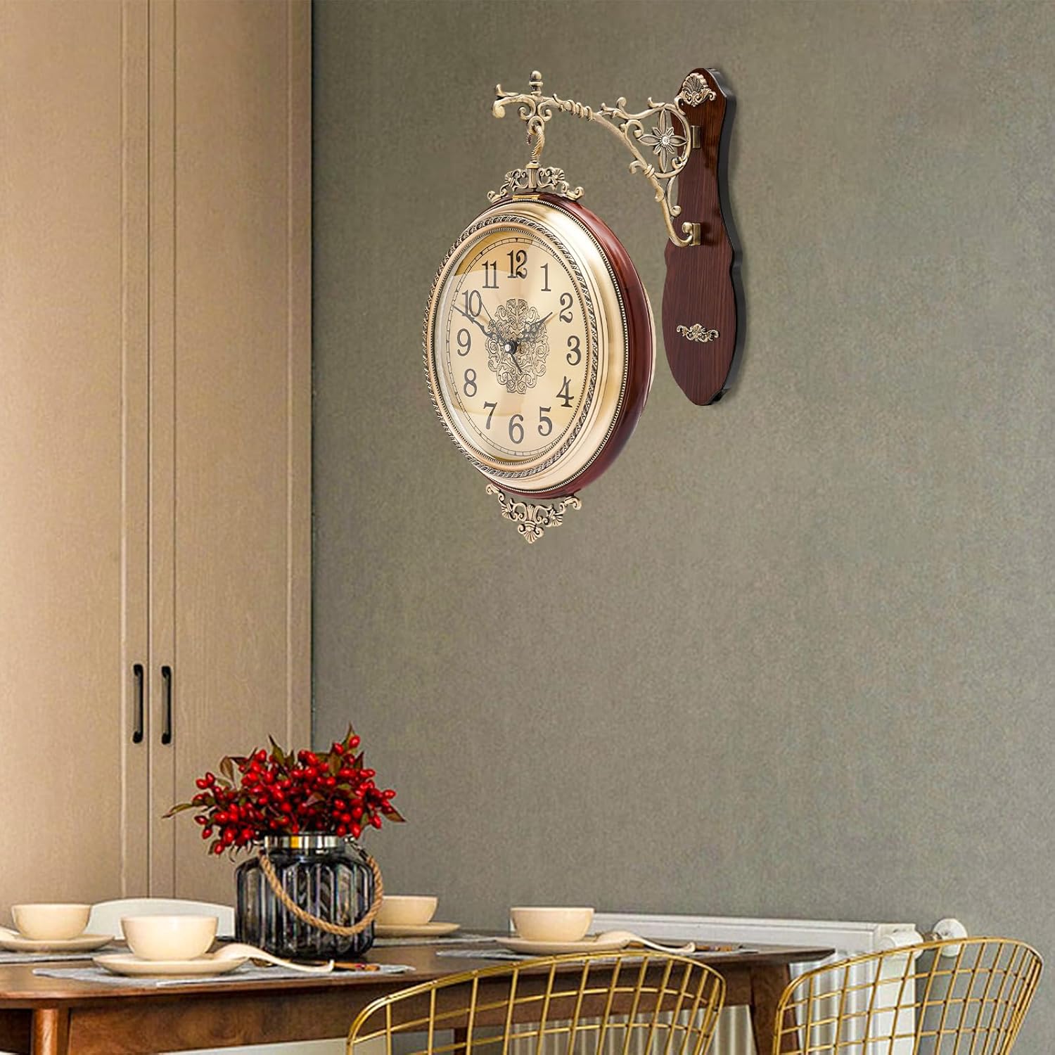 Double Sided Wall Clock, 12" Clock Antique Style, Railway Station Wall Decor, 360 Degree Rotatable Rotate Antique Wall Clock, for Wall Decoration