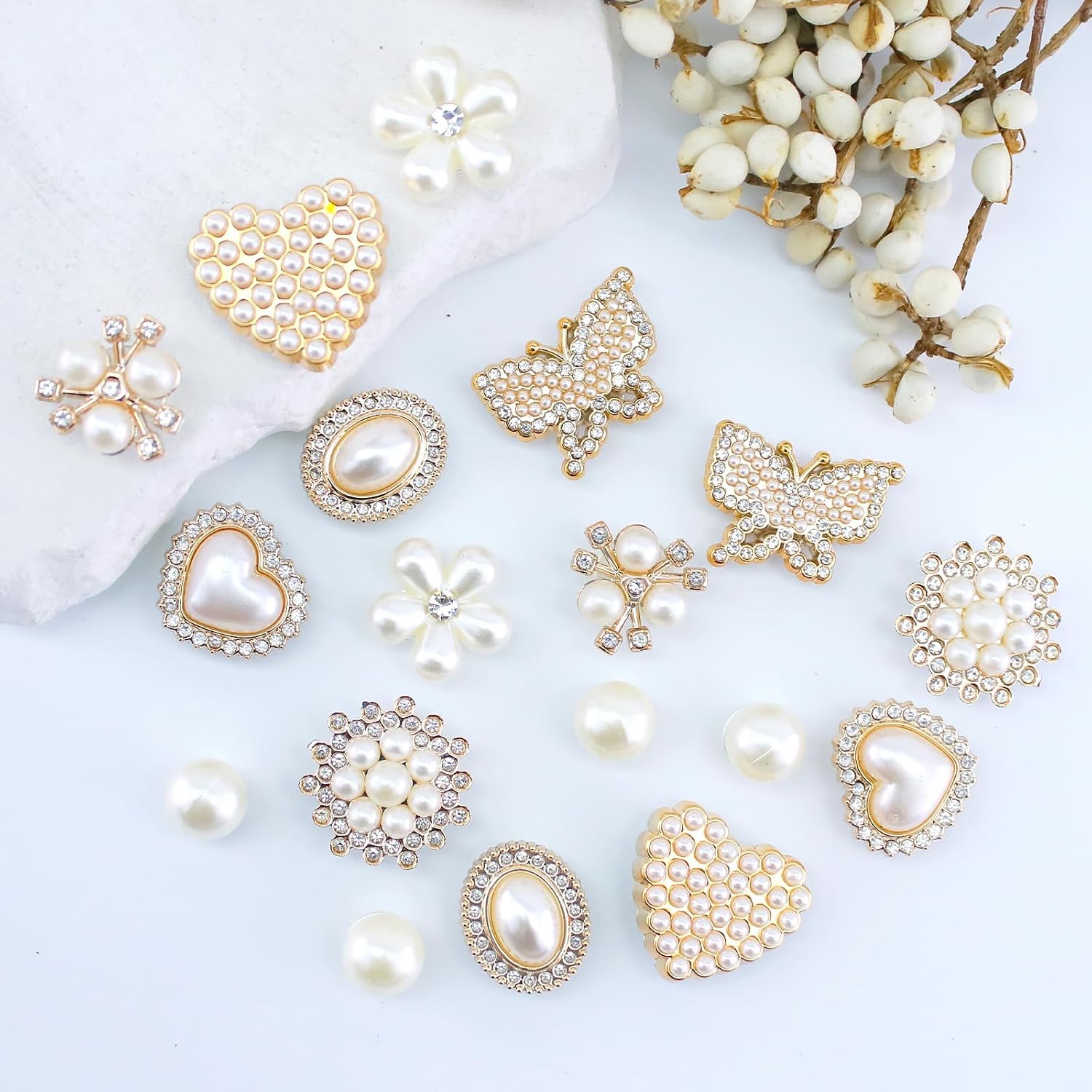 20pcs Shiny Gem Shoe Charms Set Plastic Butterfly Flower Rhinestones Pearl Shoe Decorations