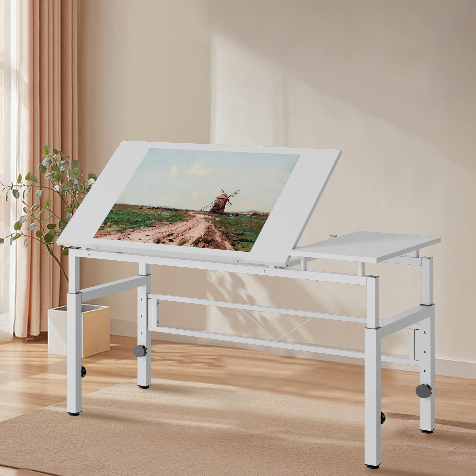 Zeichentisch mit 4 Nivellierfüßen, Schreibtisch mit Verstellbarer Tischplatte(0-60 Grad), Architektentisch, Schülerschreibtisch für Techniker, Architekten, 120x60x77-100cm, Weiß