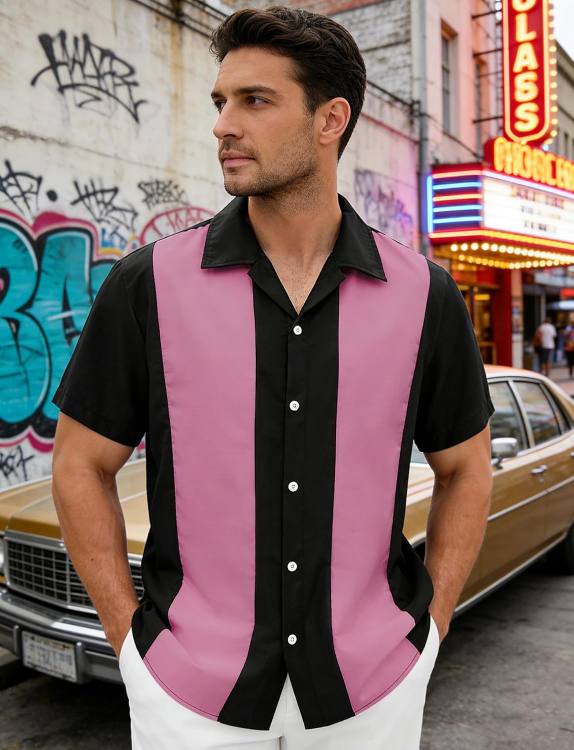 Men's Vintage Bowling Shirts 1950s Retro Short Sleeve Outfits Button Down Summer Cuban Beach Shirt - Image 2