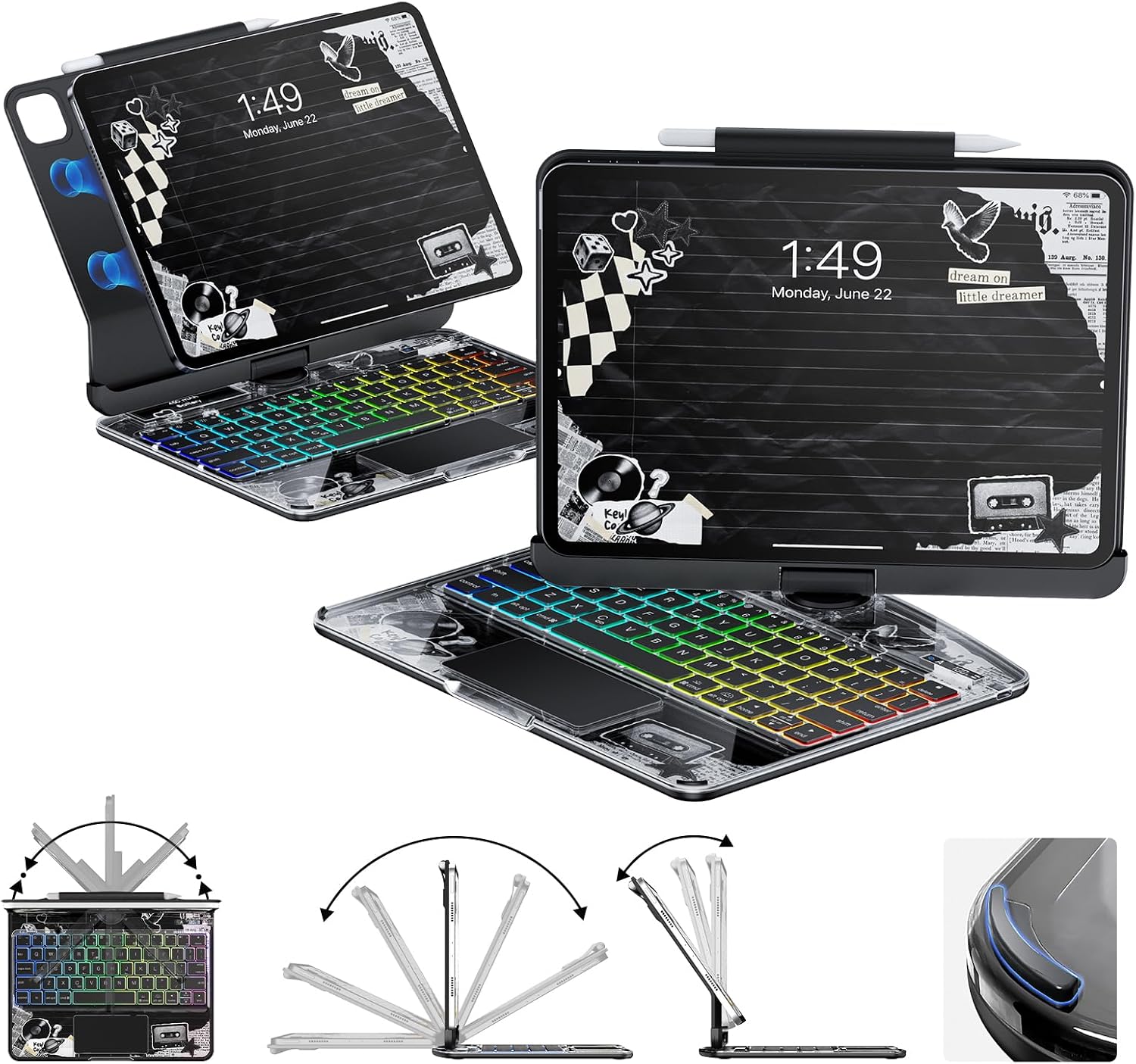 Keyboard Case for iPad Air 11"& 5th/4th Gen 360° Rotatable Magnetic,Black