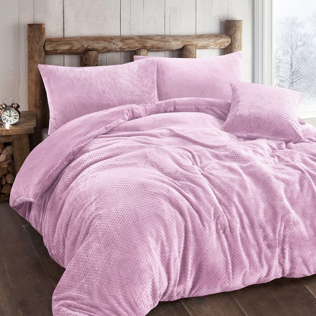 Amberlinnen Ltd Pink Waffle Teddy Bear Fleece Duvet Cover Set Soft Cosy Bedding Set (Single: 137 X 200 Cm, )