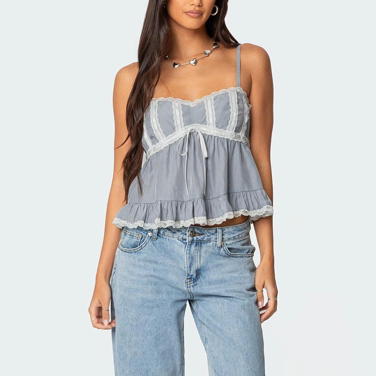 Women Y2k Lace Trim Spaghetti Strap Camisole Sleeveless V Neck Slim Fit Tie Front Backless Going Out Cami Tops - Image 2