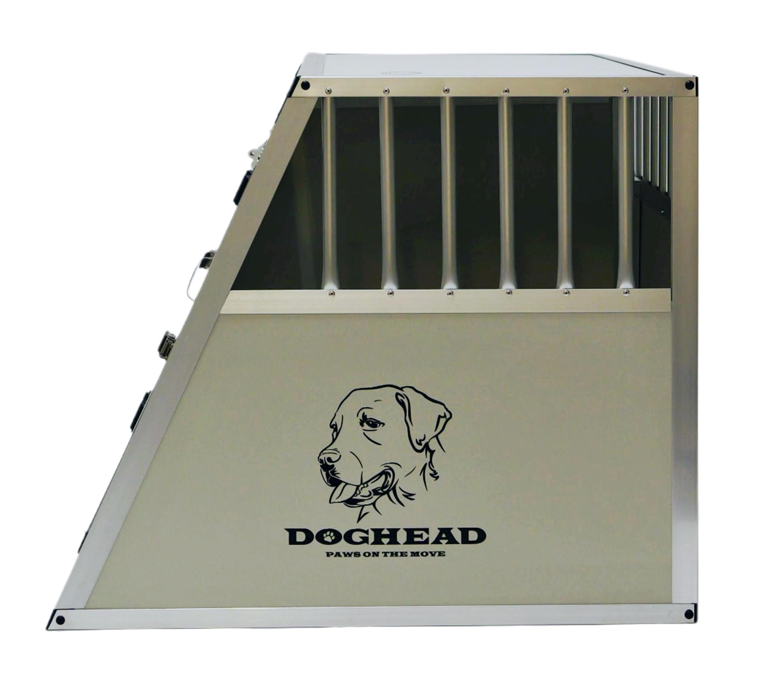 DOGHEAD Hundetransportbox Comfort, Double 97x85x69 cm EG, Schwarz, Aluminium, Vorne 65° Grad Winkel abgeschrägt, hinten 90° Grad (gerade), Trennwand mit Griff, Keine Kombibox