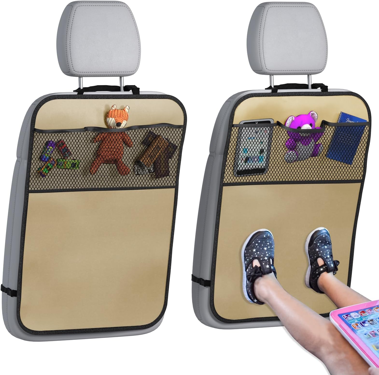 lebogner Back Seat Cover for Kids + 3 Pocket Storage Organizer, 2 Pack Kick Mats Backseat Protector, Car Accessories Waterproof Kick Guard for Vehicles to Protect from Dirt, Mud & Scratches, Beige
