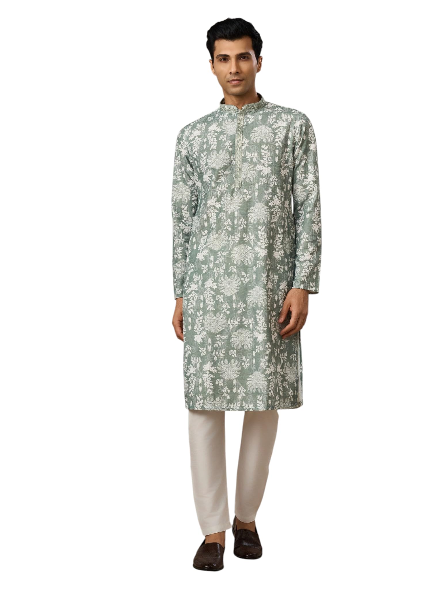 manyavar Men's Cotton Blend Floral Print Full Sleeves Long Kurta Pyjama Set (2pcs)-picture-34