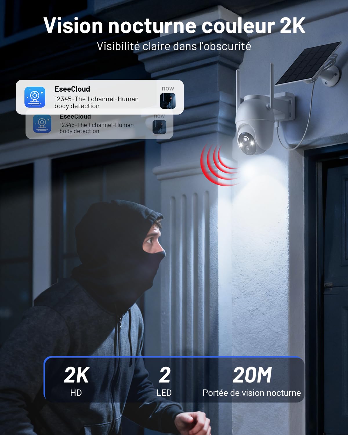 2K Camera Surveillance WiFi Exterieure sans Fil Solaire, Kit 2 Caméras avec Base, 32 Go de Stockage Local, sans Abonnement, 360° Panoramique, Alerte, Vision Nocturne en Couleur, 2,4/5Ghz WiFi