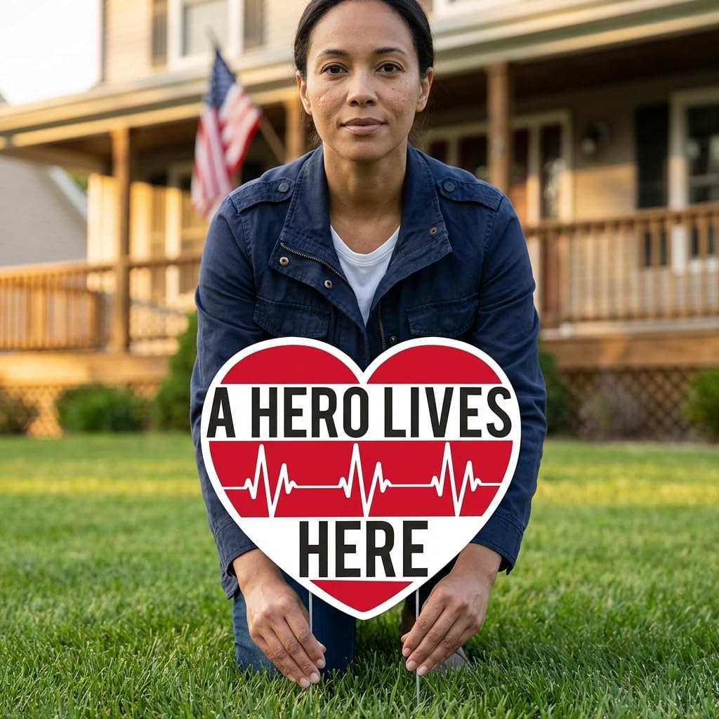 VictoryStoreA Hero Lives Here Yard Sign - Waterproof Heart Shaped Sign, Measures 22x19 Inches Includes 2 Stakes
