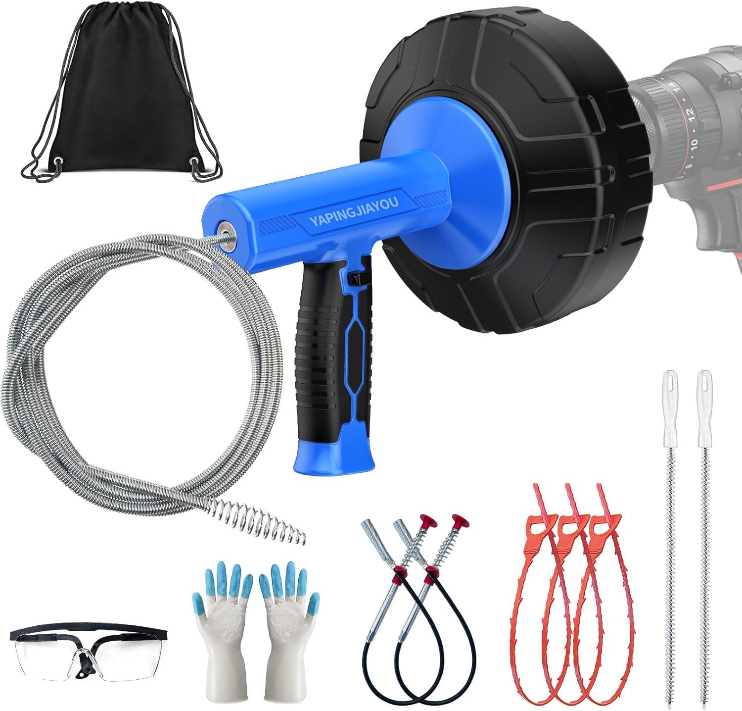33-Feet Drain Snake Auger Kit, Plumbing snake, Manual or Electric drain snake with Auto-Retract/Feed, for Kitchen, Bathroom, Shower, and Floor Drain sauger，Include Gloves Storage Bag etc (Blue)