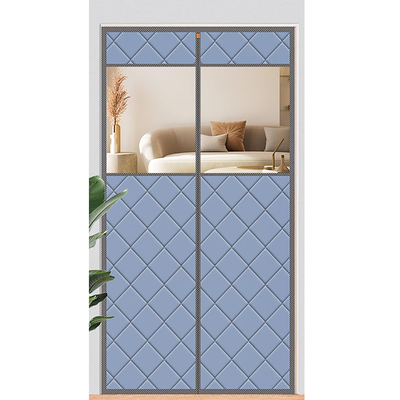 FLYIODFCXV Door curtain, Magnetic Doorway Curtain, Cold-proof and Warm, Thickened with Cotton, with Visual Window, Strong and Durable(Blue/Gray,130 * 210cm/51.2 * 82.6in)