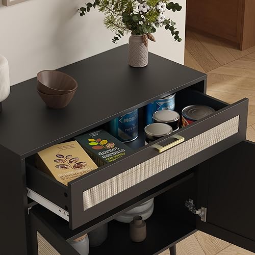 Miniatura 5 de Juego de 2 aparadores de ratán, armario de cocina bohemio con cajón y 2 puertas, gabinete moderno de mediados de siglo con estante ajustable, barra