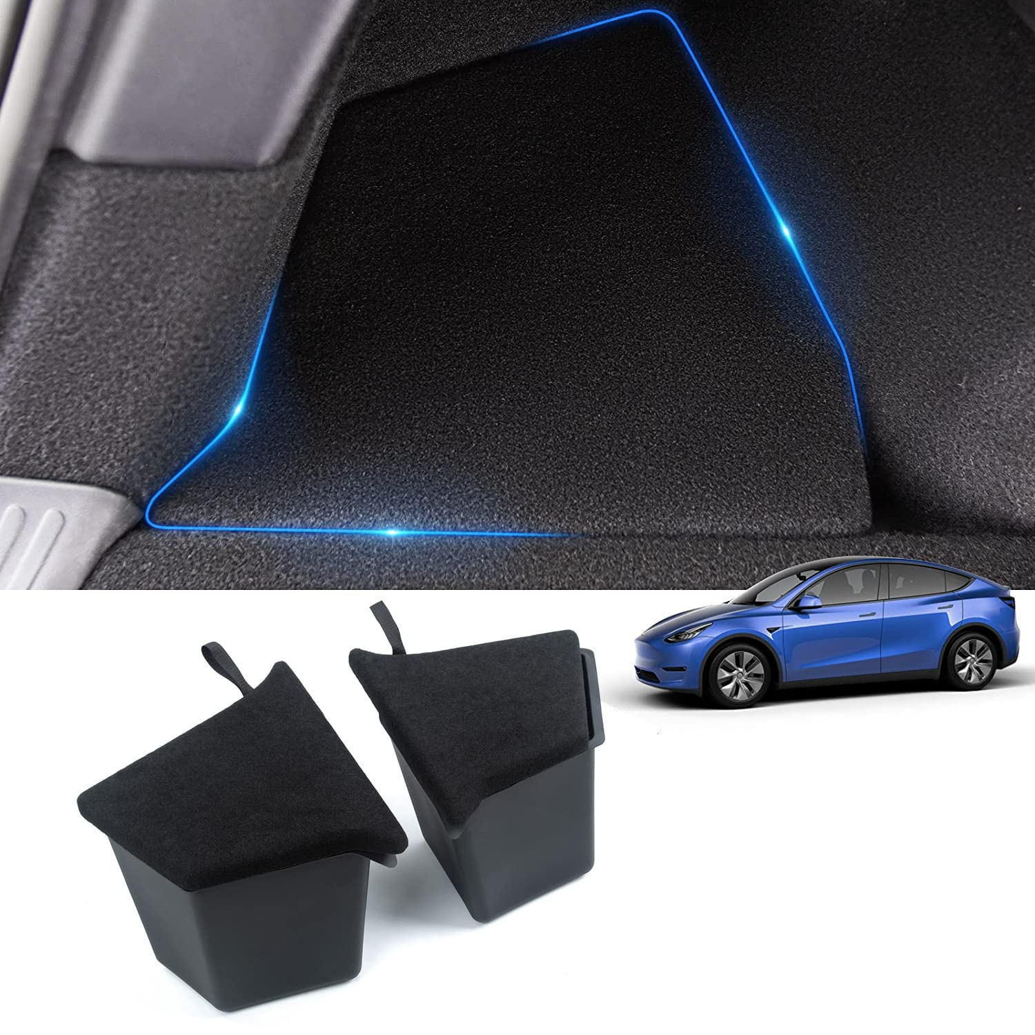 Homesbrand Tesla Model Y 2021-2023 Car Rear Trunk Organizer Storage Box, Left Right Side Storage Bins, Storage Packets Organizer Tray with Carpeted Lip