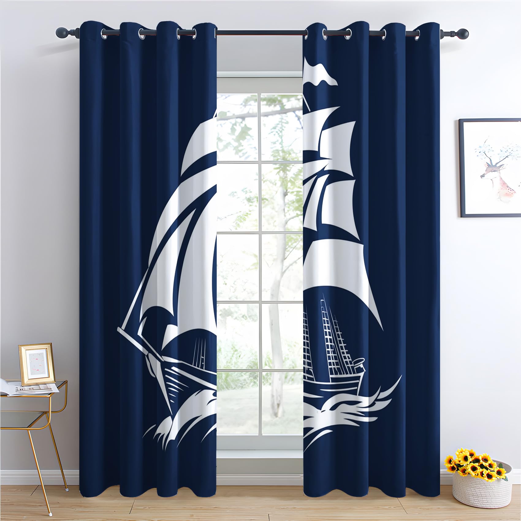 Rideau Occultant Nautique - Décoration Nautique, Rideau Thermique Motif Voilier Bleu Marine Bord de Mer, Lot de 2 Rideaux Opaque à Oeillets pour Fenetre Chambre Salon, 117x137 cm (LxH) Y#143