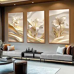 Kit com 3 Quadros Decorativos 30x50 cm Floral Vibrante Contemporâneo com Moldura Retangular com 2cm de largura Natural, na posição Vertical, ideal para ambiente de Sala, Quarto e Hall. Tamanho dos quadros montado na parede 50x94cm.