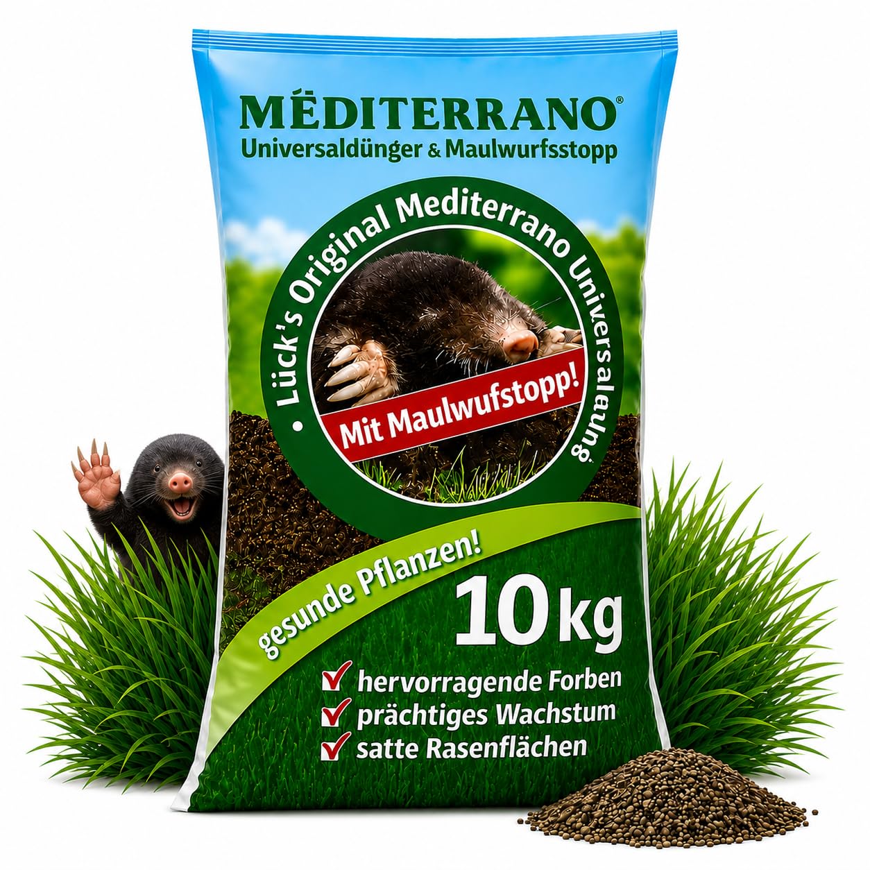 Mediterrano Maulwurf Stopp 2in1 10 kg – Maulwurf- & Wühlmaus-Vertreibung für Garten und Rasen – Effektive Maulwurfabwehr gegen Maulwürfe und Wühlmäuse – Einfache Anwendung