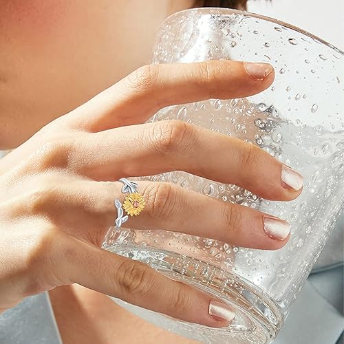 Miniatura 5 de Anillos de girasol para mujer, anillo de girasol de plata de ley 925, CZ You are My Sunshine, anillos de banda abierta ajustable de girasol, regalos