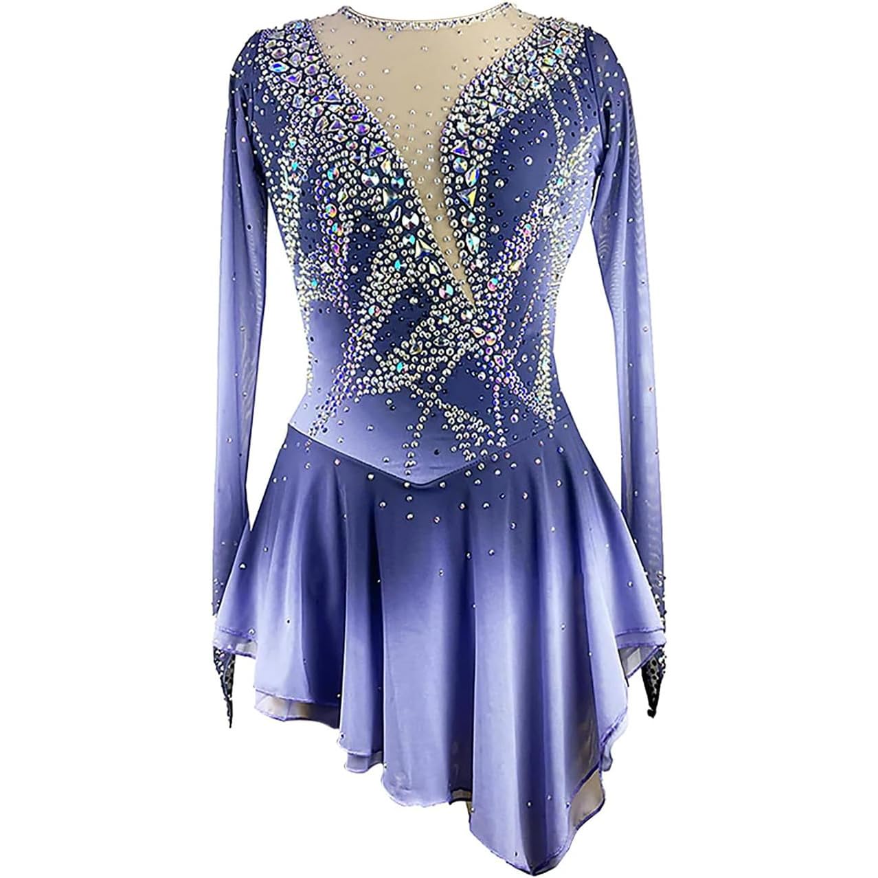 PONNYC Abiti da Gara di Pattinaggio Artistico Body da Ginnastica Ritmica Sfumata per Bambine Costume da Pattinaggio su Ghiaccio A Maniche Lunghe Gonna da Pattinaggio A Rotelle