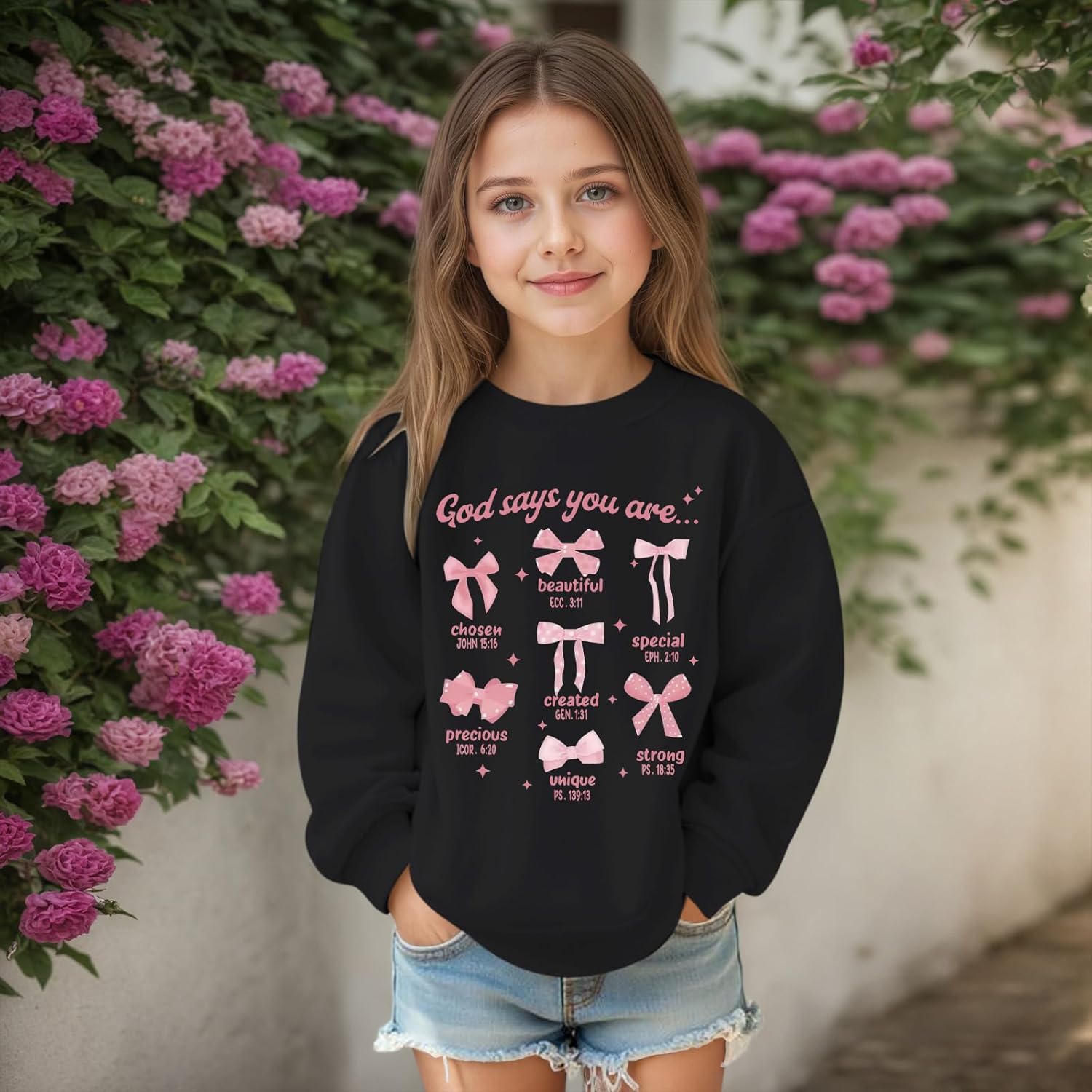 KEEVICI Cute Girls Bow Graphic Sweatshirt Christian Hoodies For Kids God Kawaii Hoodie Letter Pullover Long Sleeve Shirts Top(Black,140) - Image 5