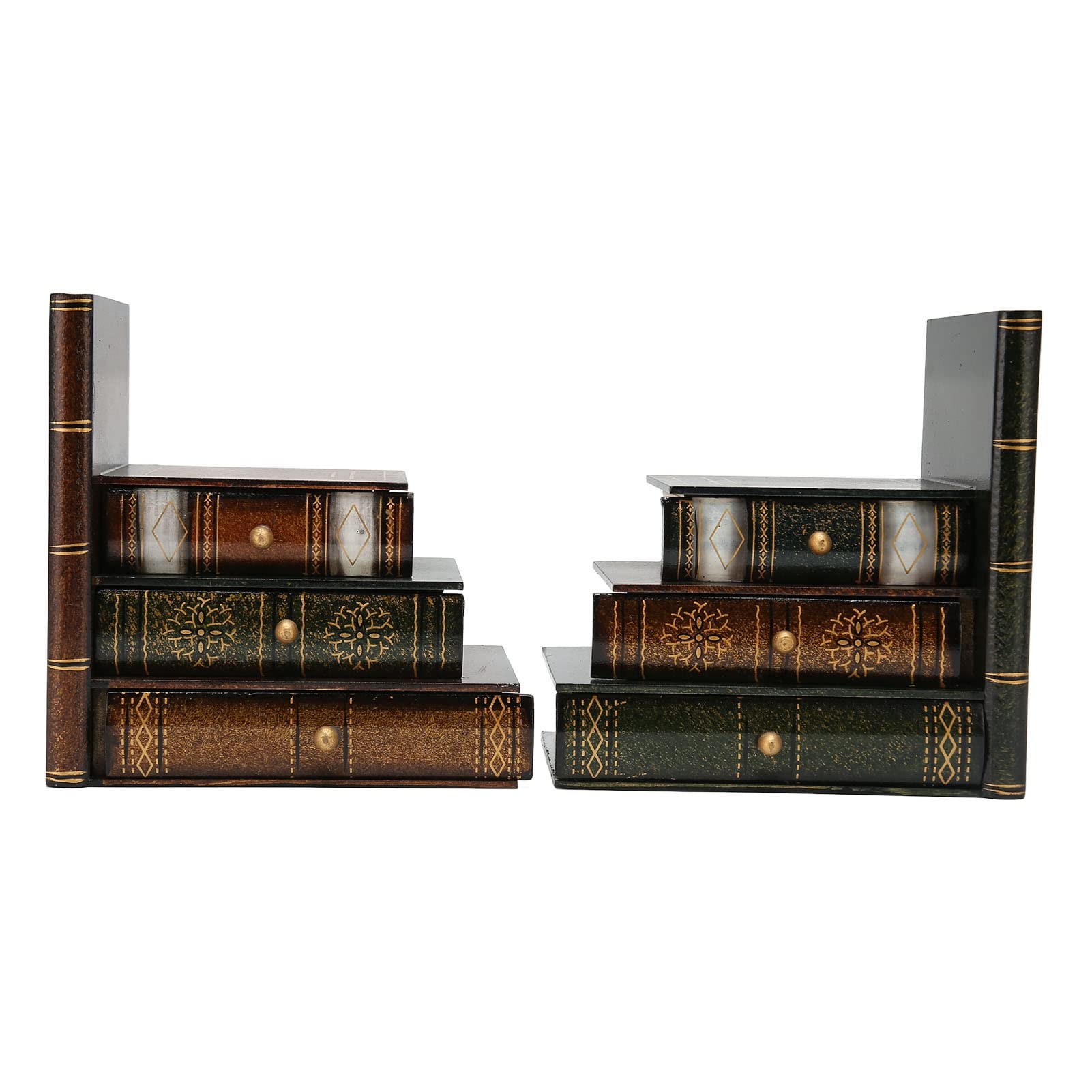 Porta libri in legno in stile retrò con cassetti, fermalibri per mensole, supporto decorativo per libri con 3 cassetti di storage ciascuno, organizzatore da scrivania per la casa e