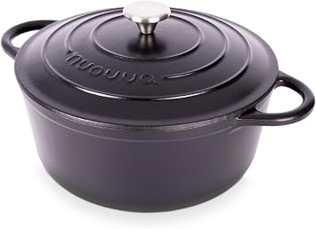 Nuovva Enamelled Cast Iron Dutch Oven Pot with Lid 6.4 Quart Non Stick Casserole Pot Heavy Duty & Oven Safe up to 500 F for Bread Baking, Braising, Stews, Roasting 28cm Black