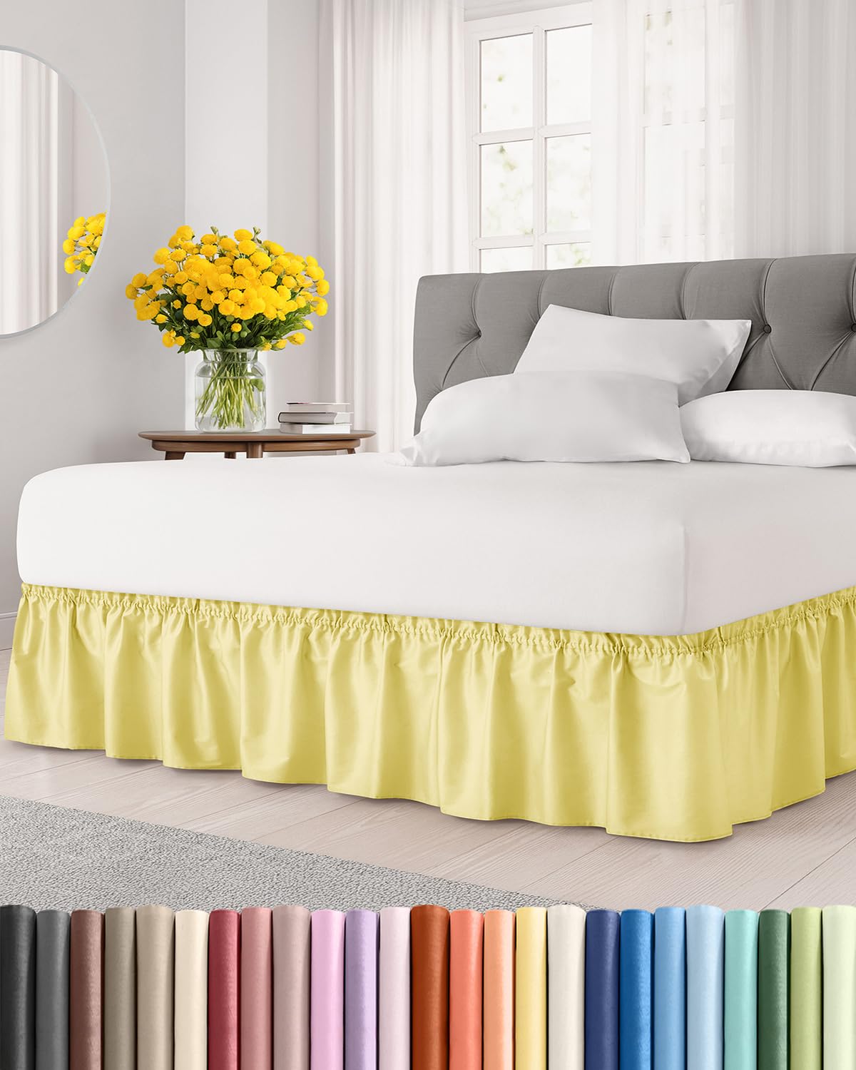 CGK Linens Wrap Around Dust Ruffle Bed Skirt - Full, 21" Yellow | Easy Fit Elastic Strap, Adjustable Pleated Bedskirt w/Brushed Fabric, Wrinkle & Fade Free, for Women, Men, Kids & Teens