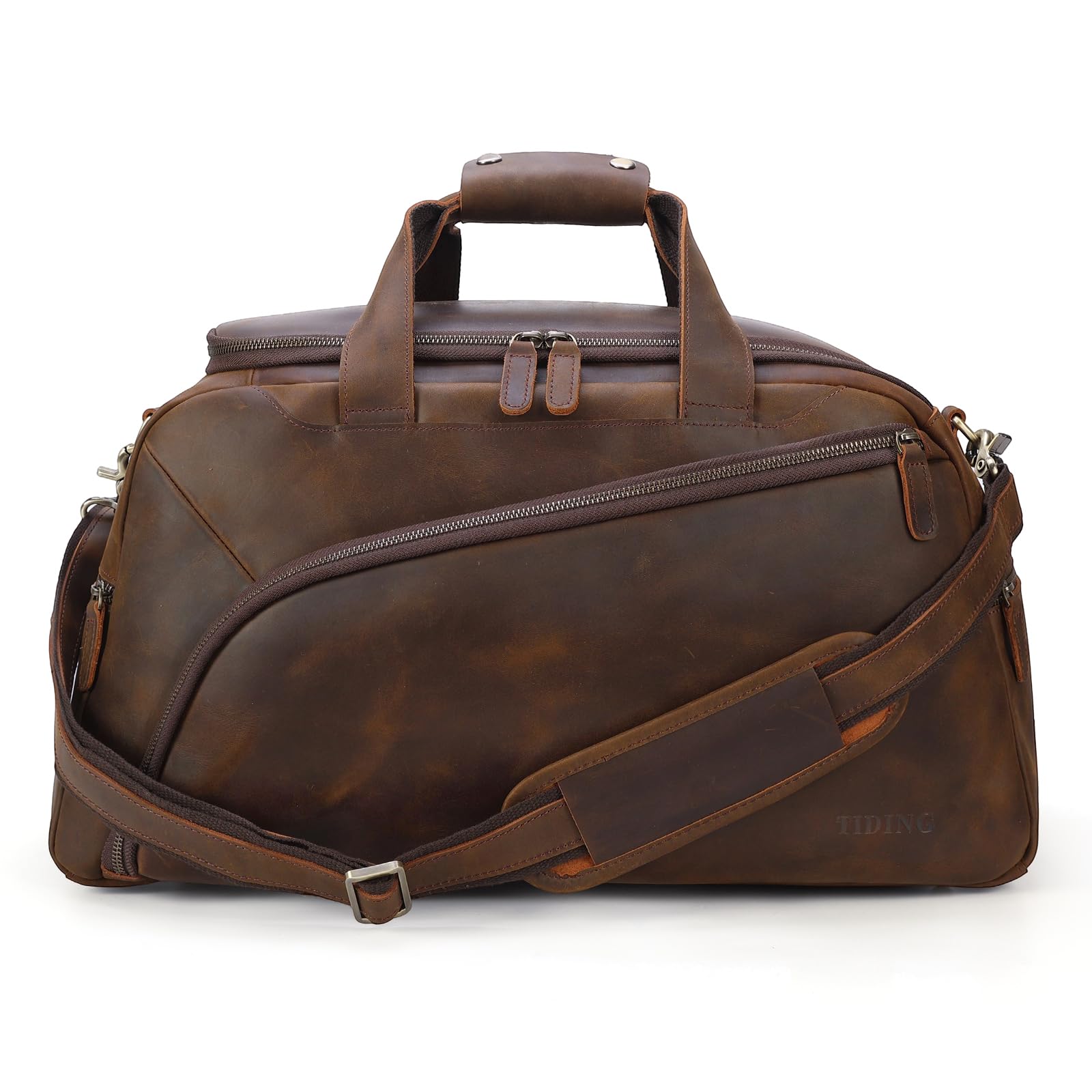 TIDING Full Grain Leather Duffle Bag for Men - 20 Inch TSA Approved Carry On Weekender Overnight Travel