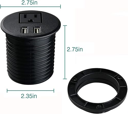 Miniatura 3 de Ojal de alimentación de escritorio de 2 38 pulgadas con orificios de mesa con 2 puertos de carga USB, cable de extensión de 6.5 pies con 1 toma de