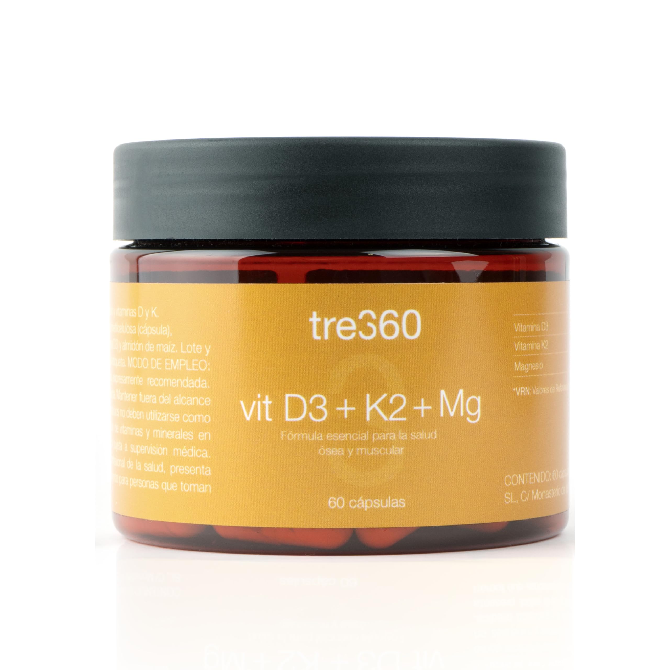 Tres60 - Vitamina D3 + K2 + Magnesio – 60 Cápsulas – Vitamina D3 2000 UI (50µg) con K2 MK7 y Magnesio Bisglicinato – Soporte para Huesos, Músculos e Inmunidad – Alta Absorción