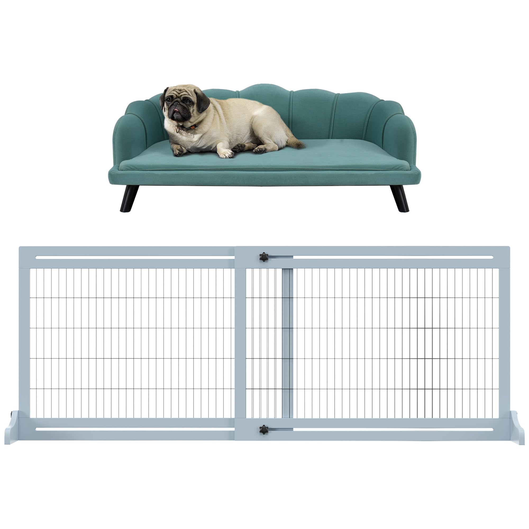 PawHut Divano per Cani Max 25kg, Set 2 Pezzi 104-183cm Verde Acqua e Blu