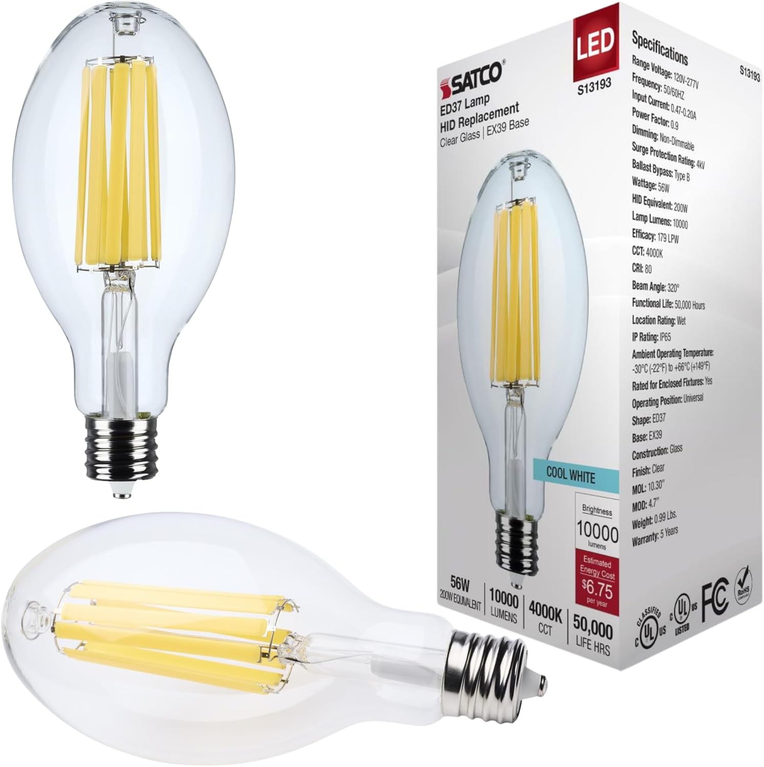 Satco S13193 56W LED HID Replacement Bulb, 4000K Cool White, 10,000 Lumens, EX39 Mogul Extended Base, Clear Finish, 80+ CRI, Non-Dimmablefor Industrial and Commercial Fixtures (2 Pack)