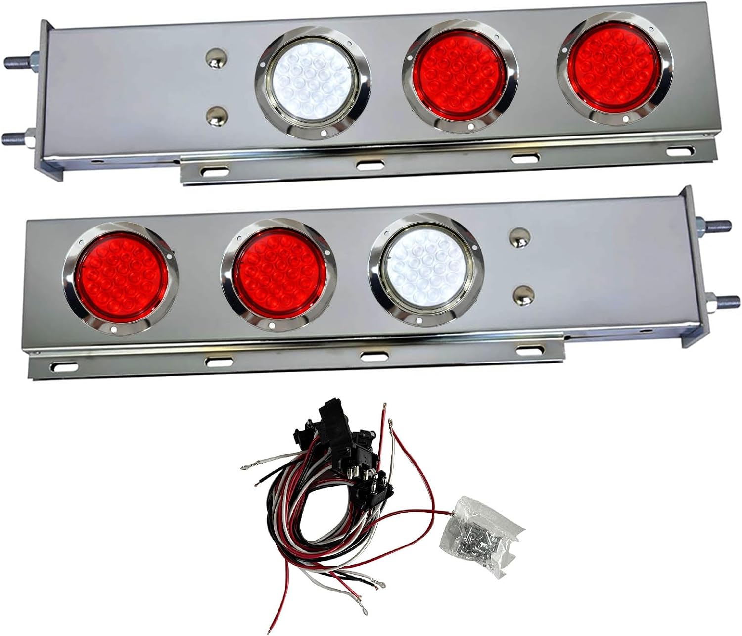 Universal 30" Stainless Steel Spring-Loaded Mud Flap Hanger Light with 24 LED Light for Semi Trucks, 2-1/2" Bolt Spacing Rear Tail Light Bar Box with 4" Light Cutouts (4x Red + 2x White)