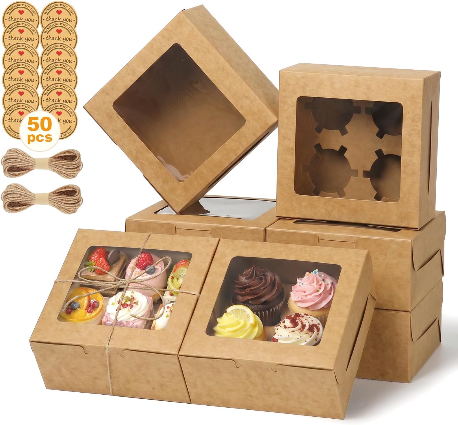 OAMCEG 6x6x3Inch Cupcake Boxes with Window,50 Pcs Cookie Bakery Boxes,Brown | Muffin,Treat Boxes for Pastry, Desserts, Chocolate Strawberries, Cupcake Containerss for Gift Giving with Stickers & Twine