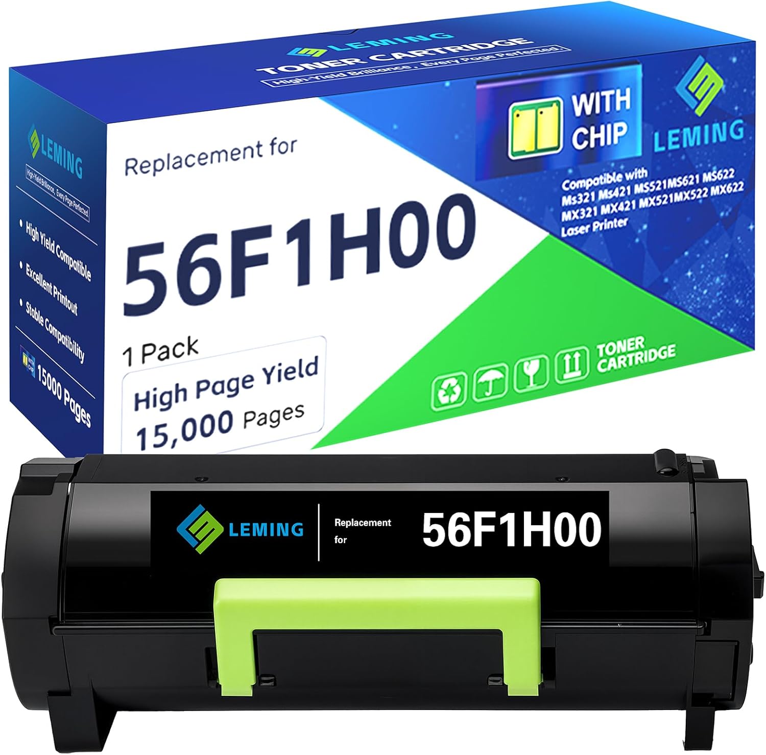 56F1H00 Toner Cartridge (with Chip) Compatible with Lexmark 56F1H00 Black Toner Cartridge for Lexmark MS621 MS321 MS421 MS521 MS622 MX321 MX421 MX521 MX522 MX622 Printer(15000 Pages)