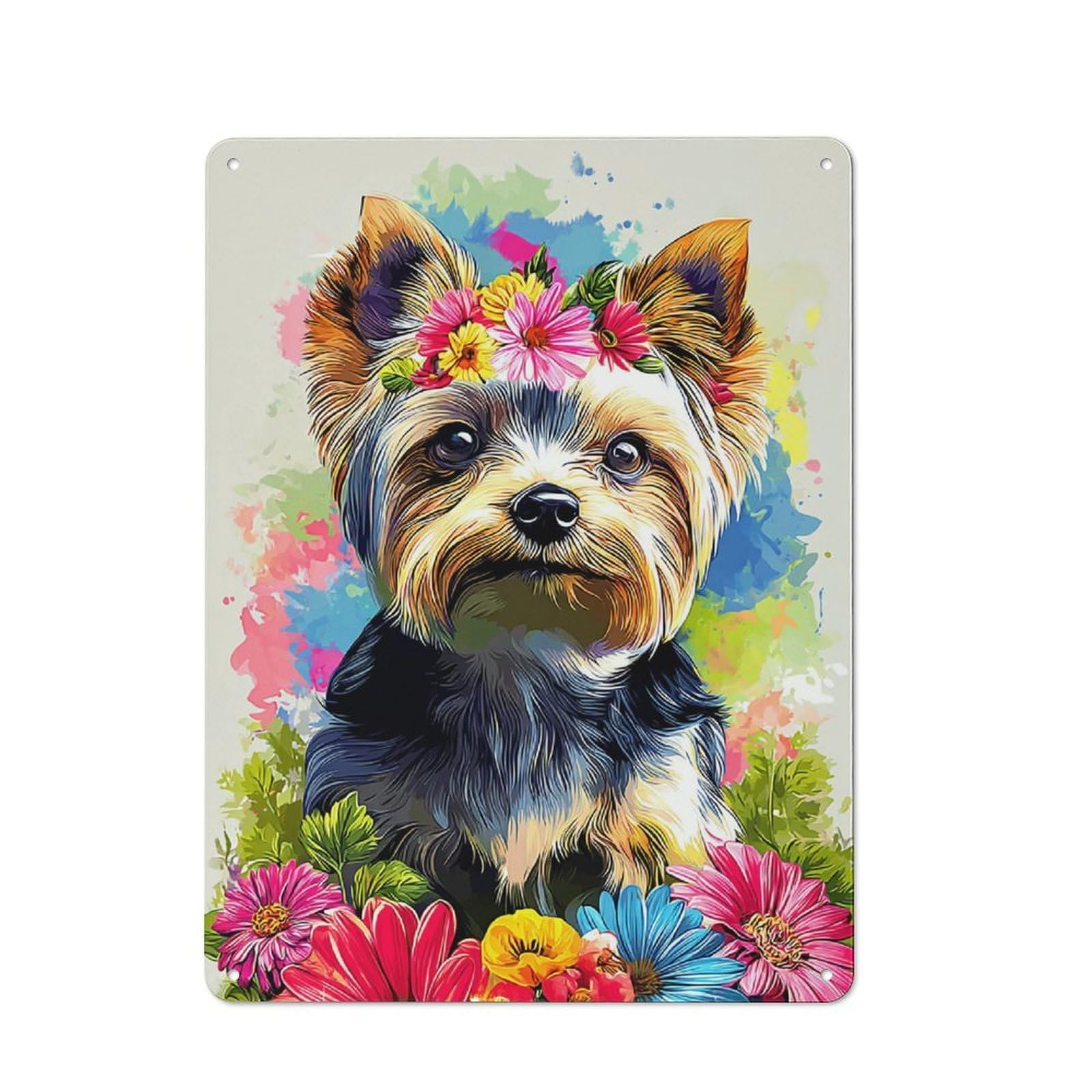 Clean Industrial Floral Yorkshire Terrier Portrait Industrial Metal Sign 40x30cm, Studio Wall Art for Loft, Studio, Office Or Creative Room