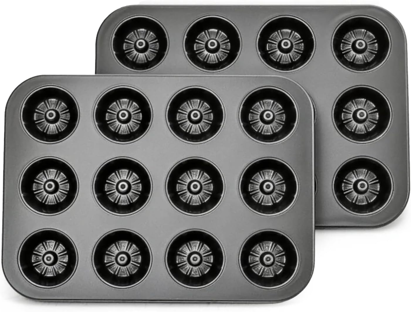 2 Pack Mini Bundt Cake Pan, 12 Cavity Carbon Steel Bundtlette Cake Pan, Nonstick Fluted Baking Mold for Oven, Gray