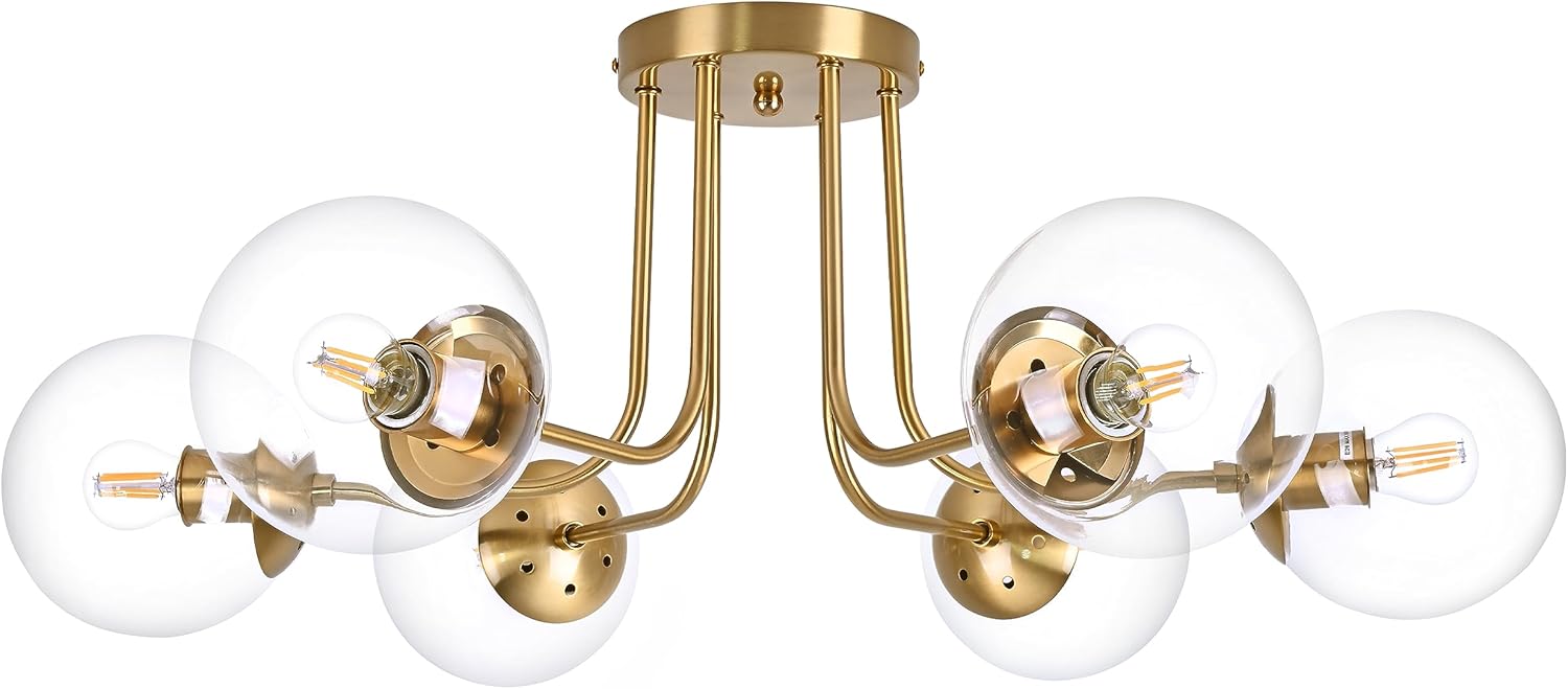 KoKo&Yukina 6-Light Mid Century Ceiling Light Modern Semi Flush Mount Ceiling Light Fixture Globe Ceiling Light with Clear Glass Shade Brushed Brass Finish for Bedroom Hallway Dining Room Living Room